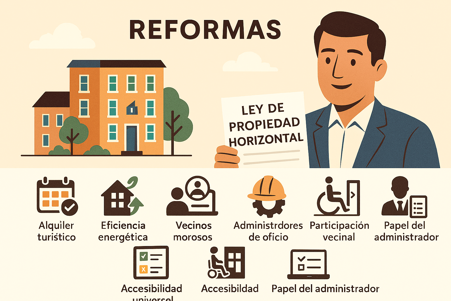 administrador sostiene ley de propiedad horizontal 2025 con graficos de los principales reformas debajo