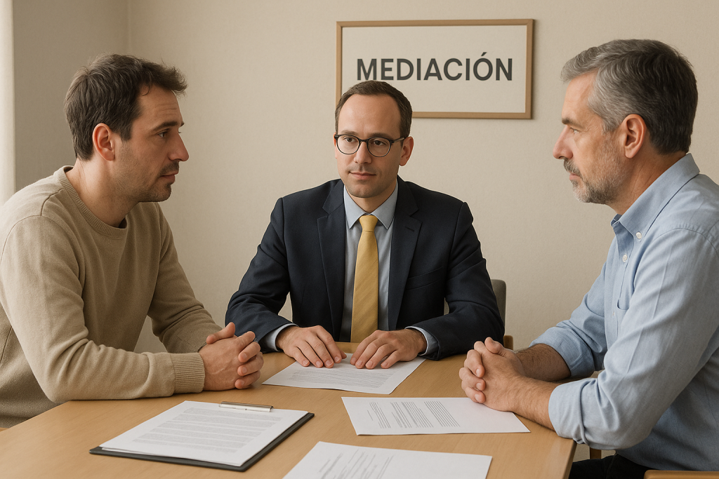 vecino moroso y representante comunidad negociando
