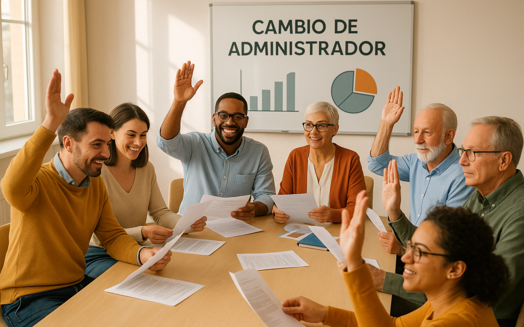 Junta de vecinos reunida para cambiar de administrador de fincas, revisando documentos y votando en un entorno profesional.