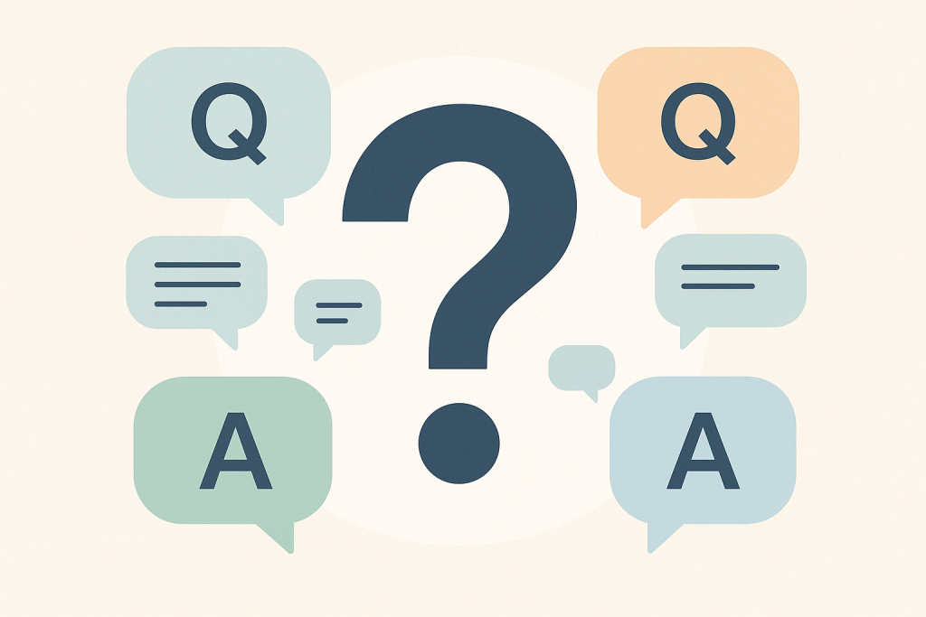 Icono de preguntas frecuentes con burbujas de diálogo y signo de interrogación, representando dudas comunes sobre el cambio de administrador de fincas