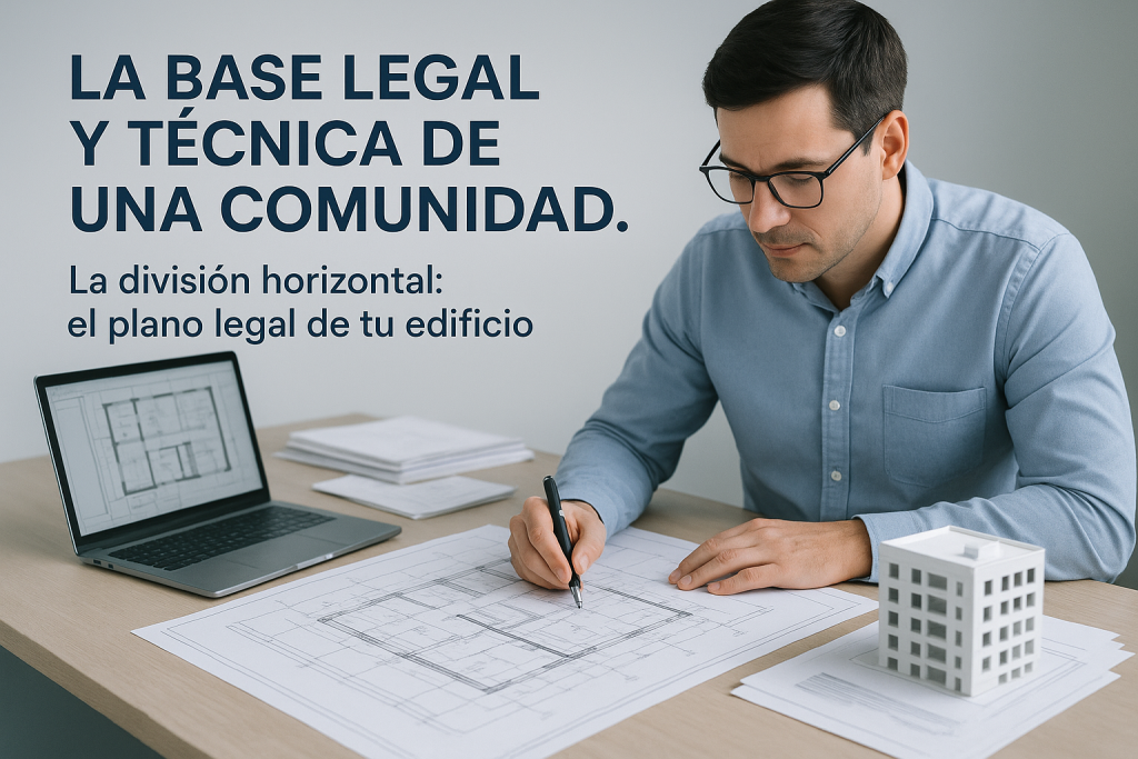 Arquitecto revisando planos de una comunidad de propietarios sin división horizontal.