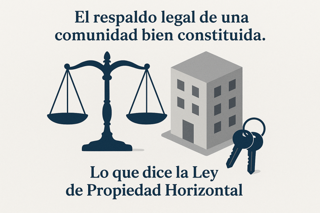 Balanza de la justicia junto a maqueta de edificio representando comunidad de propietarios