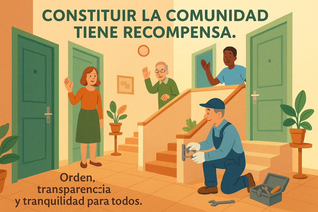 Vecinos saludándose en una comunidad de propietarios bien constituida tras división horizontal
