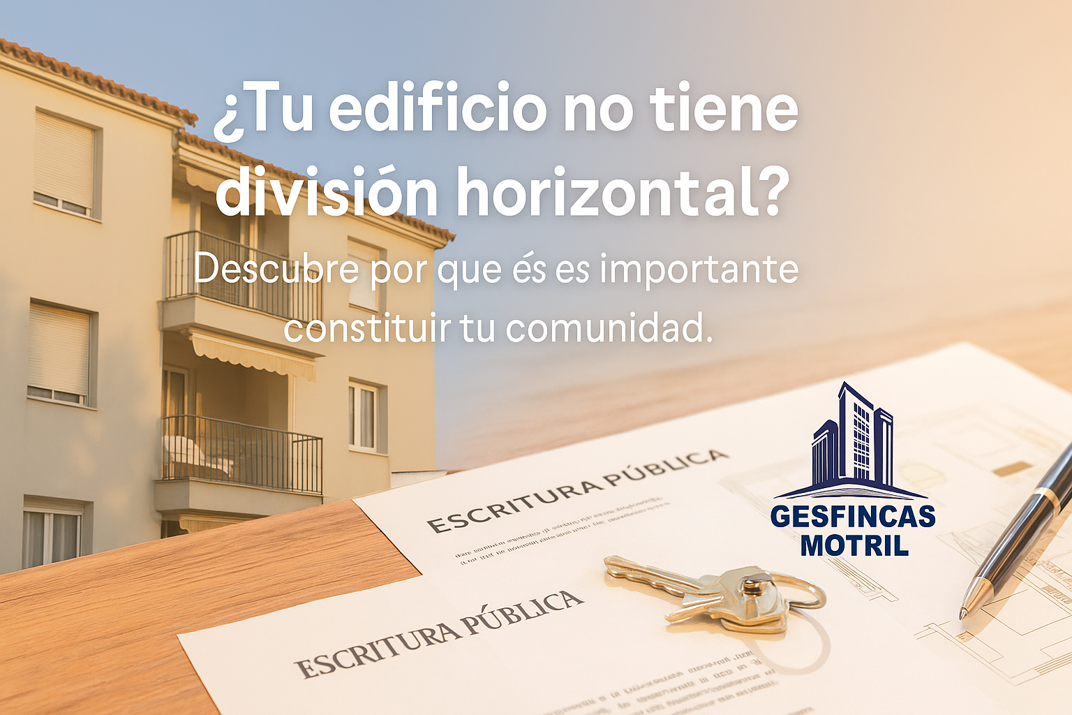 Comunidad de propietarios sin división horizontal en Motril, con edificio mediterráneo y documentos de escritura sobre mesa – Gesfincas Motril
